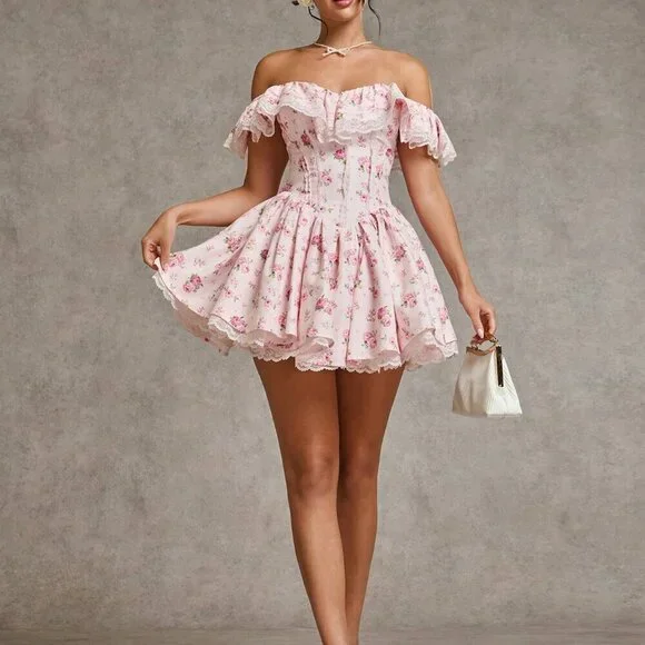 Pink Boho Women's Ditsy Floral Off-Shoulder Ruffled Lace Patchwork Mini Dress - Picture 3 of 7